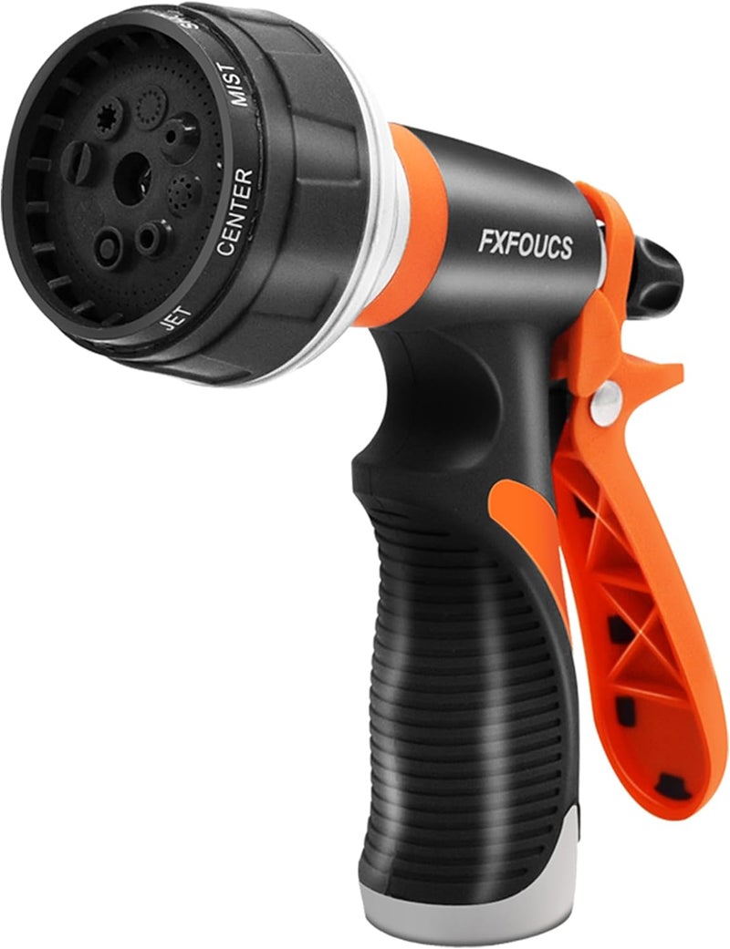 FXFOUCS Garden Hose Nozzle Sprayer– this high heavy-duty spray nozzle offer 8 watering patterns for watering plants, lawns & gardens, washing cars, household cleaning and showering pets. (Dark Orange) - Image 1